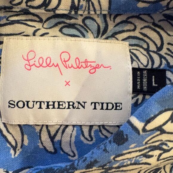 Lilly Pulitzer x Southern Tide Mens Linen Shirt Size Large Blue Floral Hawaiian - Picture 8 of 9